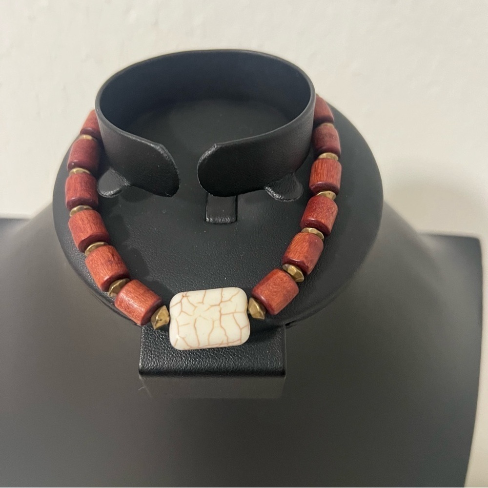 Waxed Wooden Column Brown Beaded Stretch Bracelet with Cream Stone Unisex